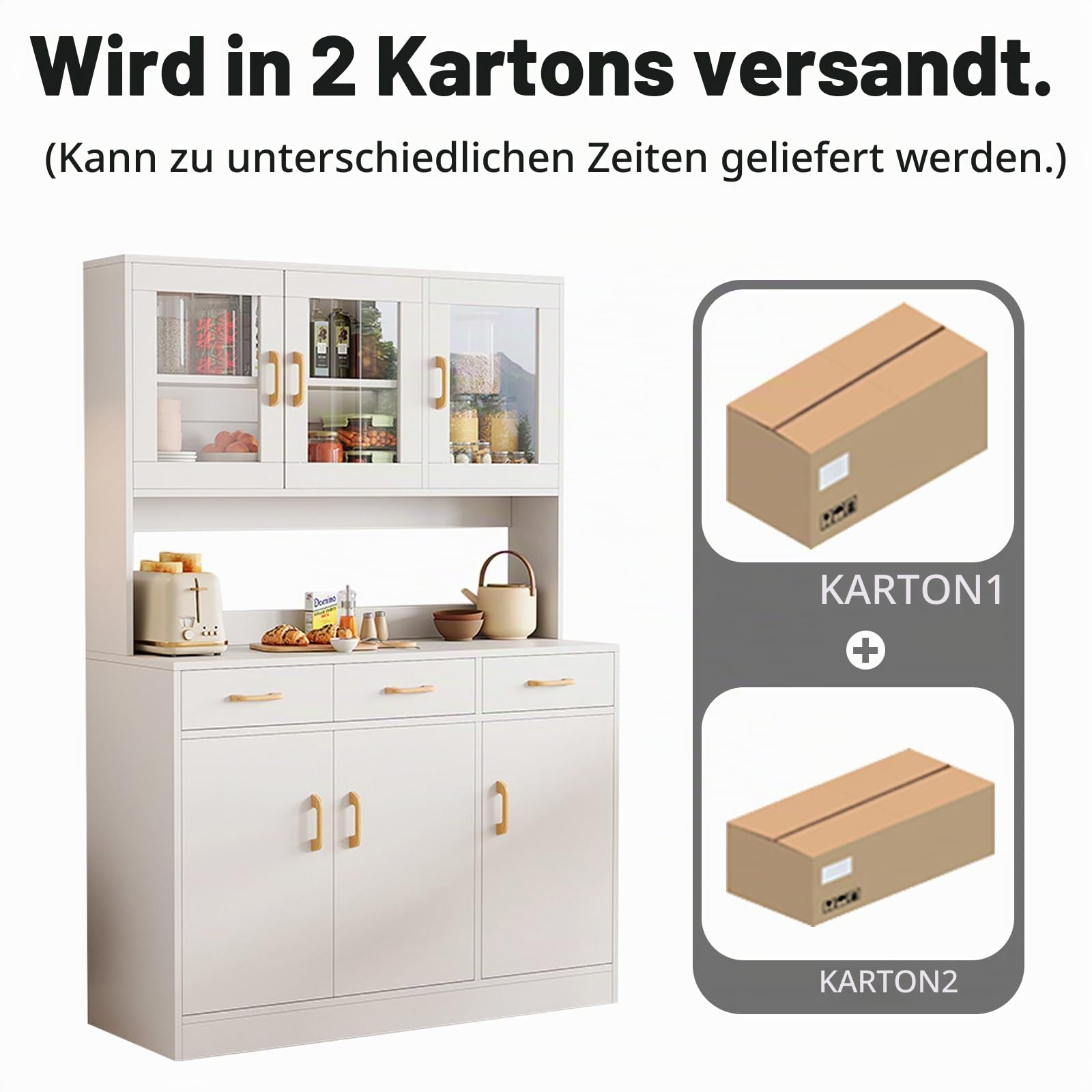 Küchenschrank, 170cm Vorratsschrank Küche, Hochschrank Buffetschrank aus Holz, Sideboard, Mehrzweckschrank mit Schubladen und Glastür, Offenem Fach, Vorratsschrank, Vitrinenschrank (Weiß)