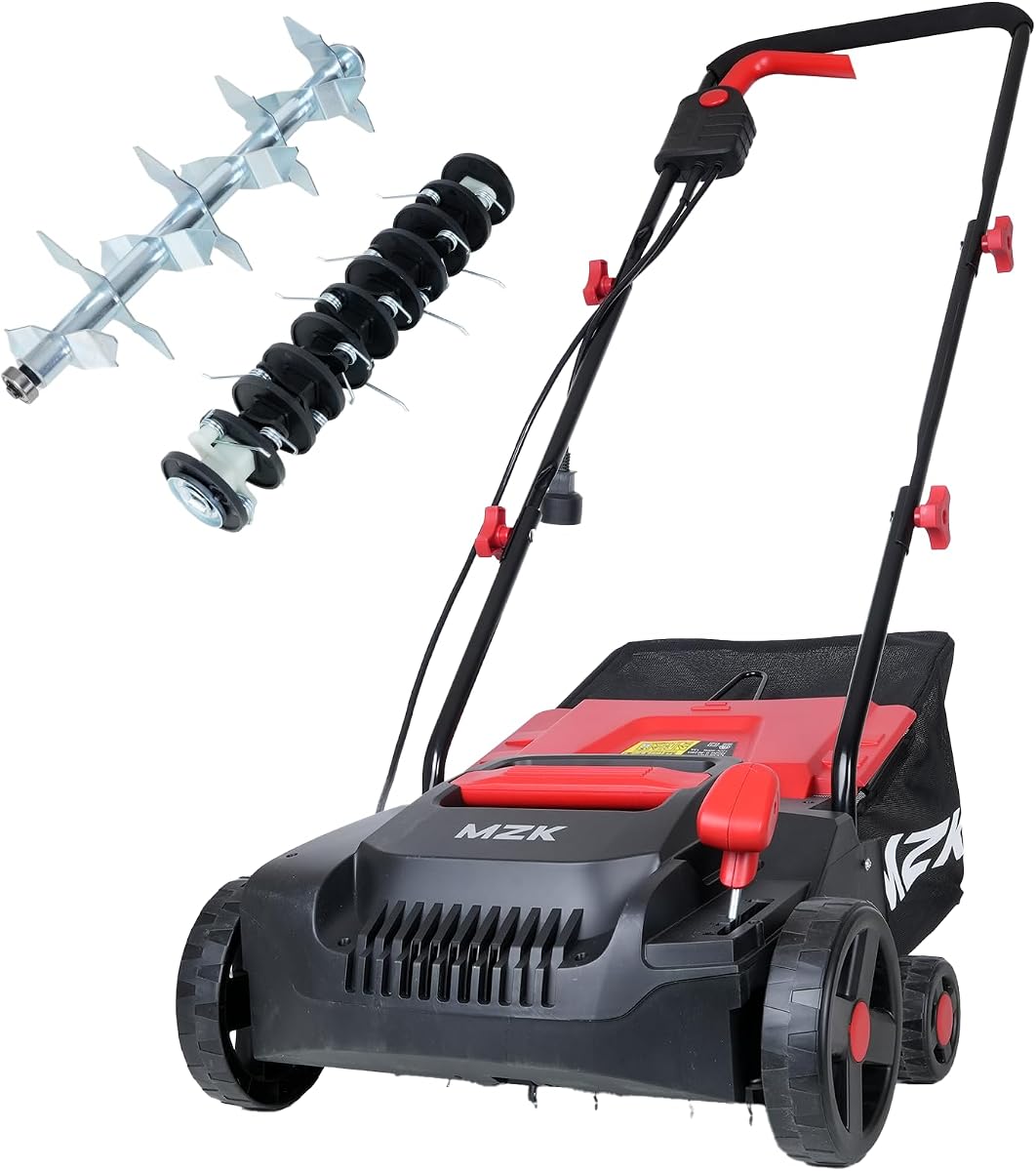 MZK 13-inch 13-Amp 2-in-1 Electric Dethatcher and Scarifier w/Removeable 4-Position Height Adjustment,Lawn dethatcher w/8-Gallon Thatch Collection Bag,Keep Lawn Health (RED)