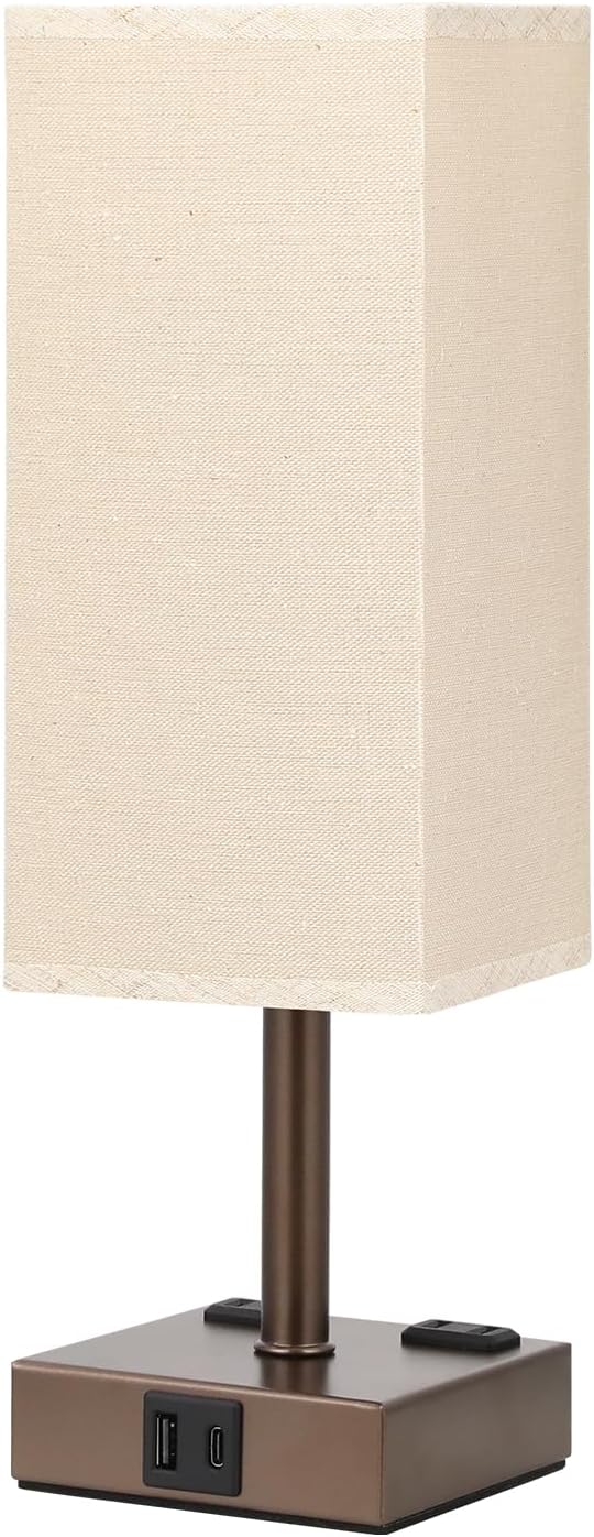 Brown Touch Table Lamp for Bedroom - Dimmable, USB C+A, 2 AC Outlets | 3-Way Dimming, 3000K Bulb Included, Square Brown Lampshade and Black Base, Desk Lamp for Nightstand, Living Room, Dorm thumbnail