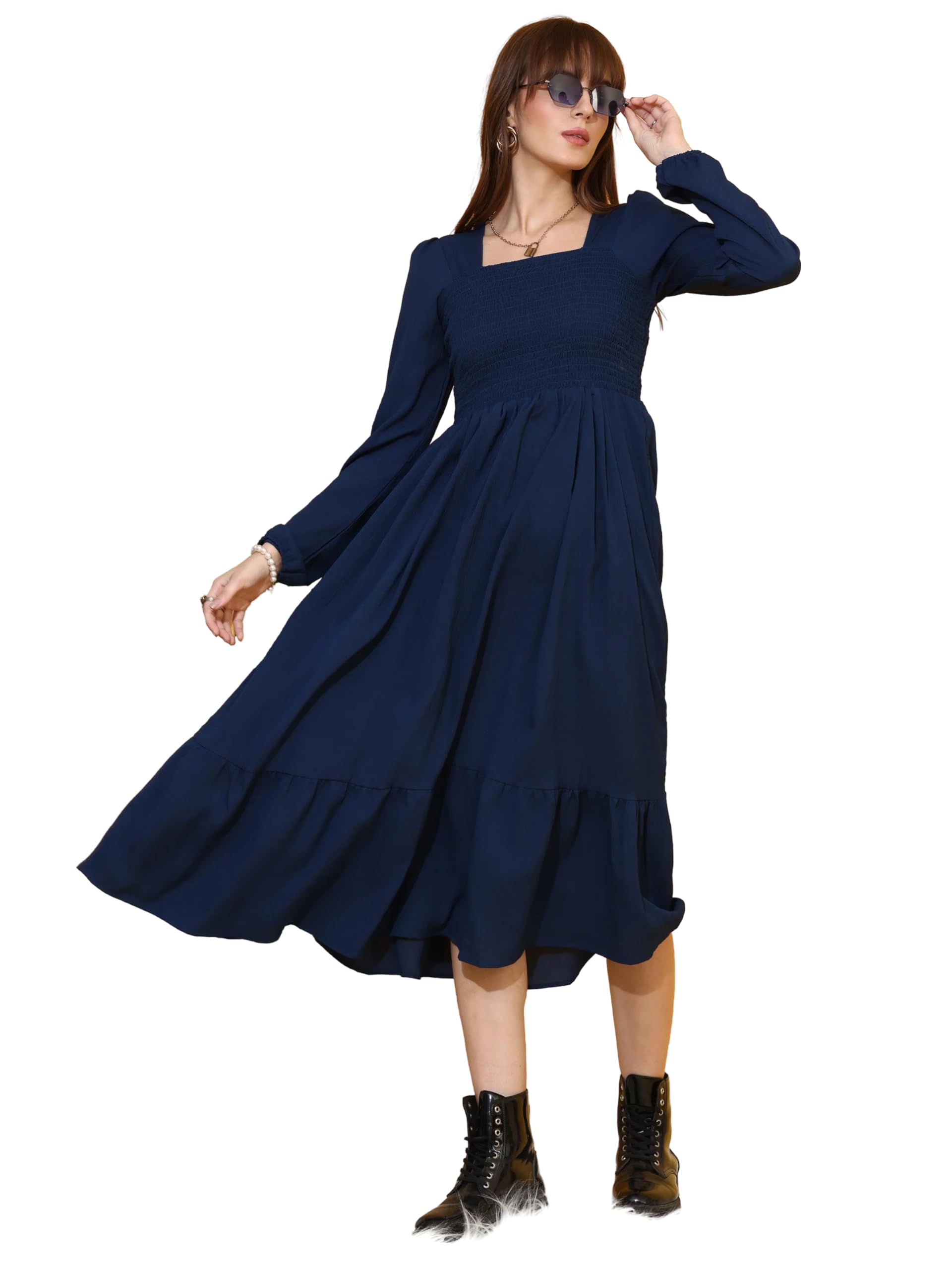 sheetal associates Women's Casual Full Sleeve Crepe Fit & Flare Dress | Comfortable Relaxed Fit Summer Party Dress-picture-32