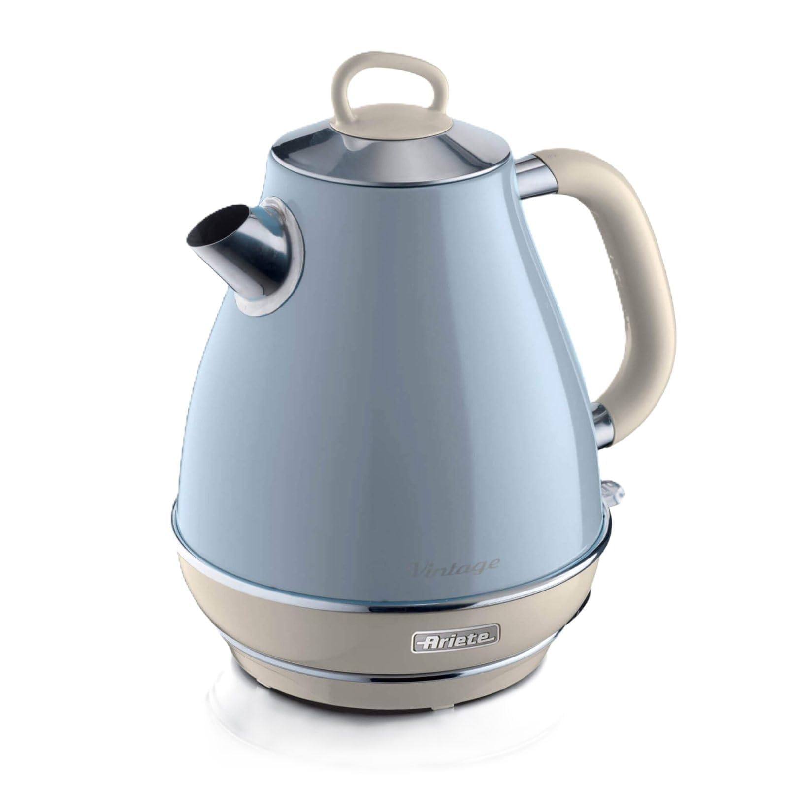 Ariete Blau Vintage Wasserkocher 2869, Retro Elektrischer Wasserkocher Mit Sichtbarem Wasserstand, Kabellosem 360°-Sockel, Abschaltautomatik, Teesieb, Fassungsvermögen 1,7 L, Edelstahl, 2000 W,