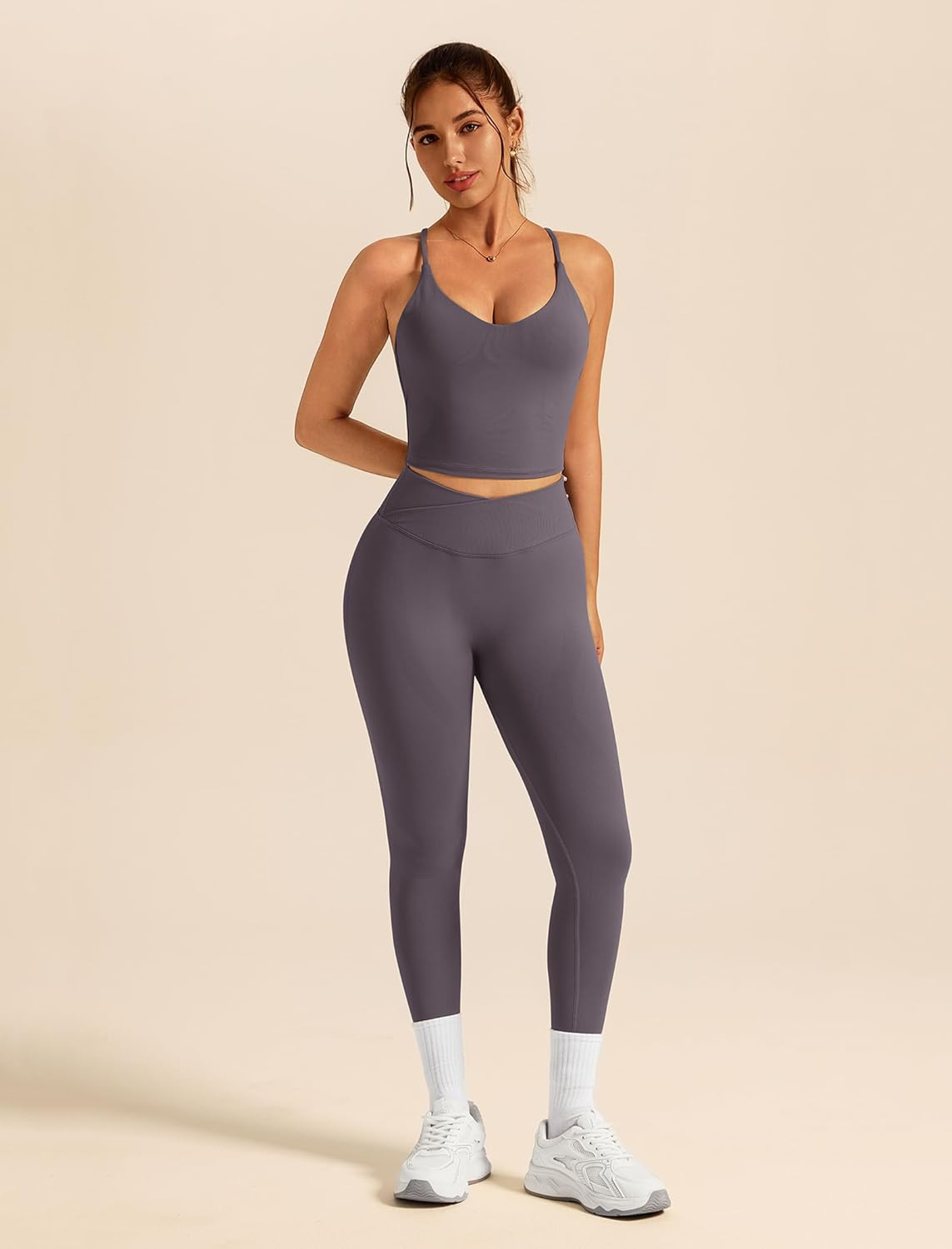 ABOCIW Womens Workout Sets 2 Piece Seamless Strappy Tank Top Crossover Waist Leggings Gym Sets Active Wear - Image 5