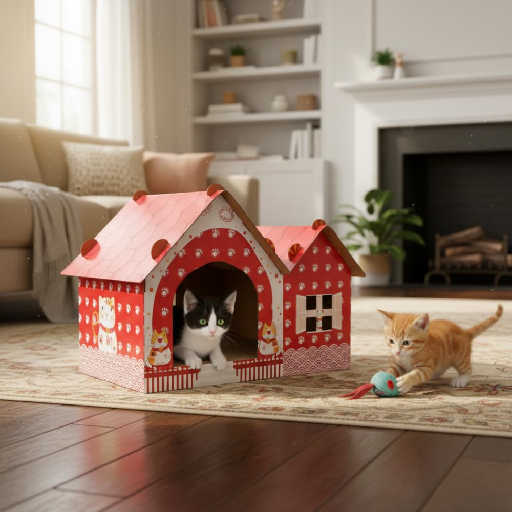 Casa para Gatos de Carton Navidad - Rascador para michis Adultos o pequeños, Rascador con Caseta, para Gatos Grandes Y Pequeños