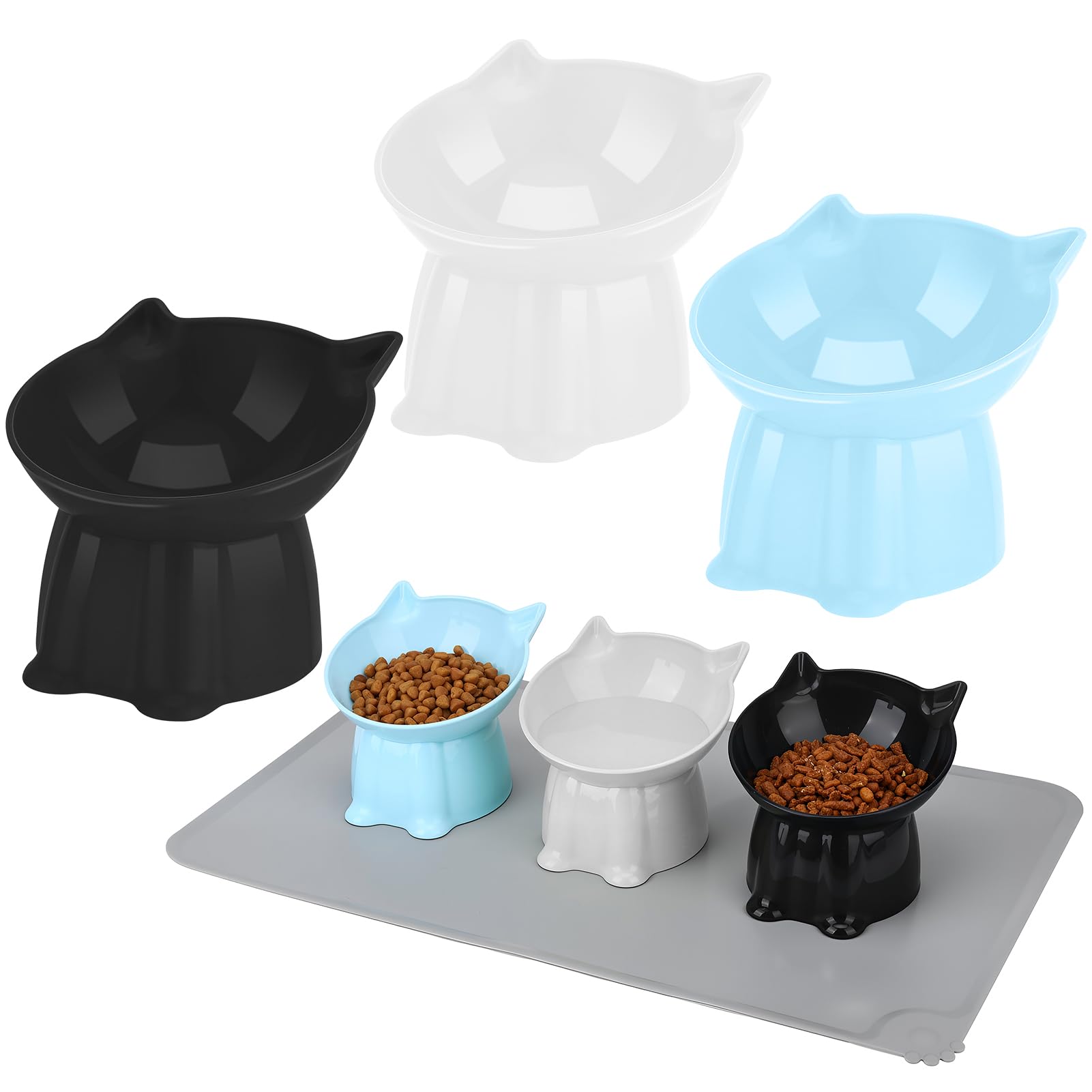 3 Pcs Elevated Cat Bowls 15°Raised Cat Food Bowl with Silicone Mat Whisker Friendly Anti Vomiting Cats Dishes Pet Food and Water Bowls for Indoor Cats Kittens, Blue, Black, White