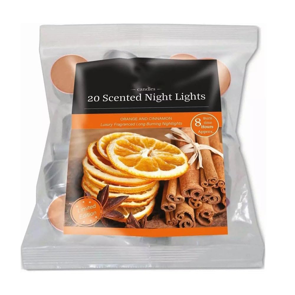 Fresh Scented Tealight Candles – Refreshing & Soothing Fragrances | Up to 8-Hour Burn Time | Premium Quality Decorative Tealights for Home Decor (Orange & Cinnamon - Packs of 20)