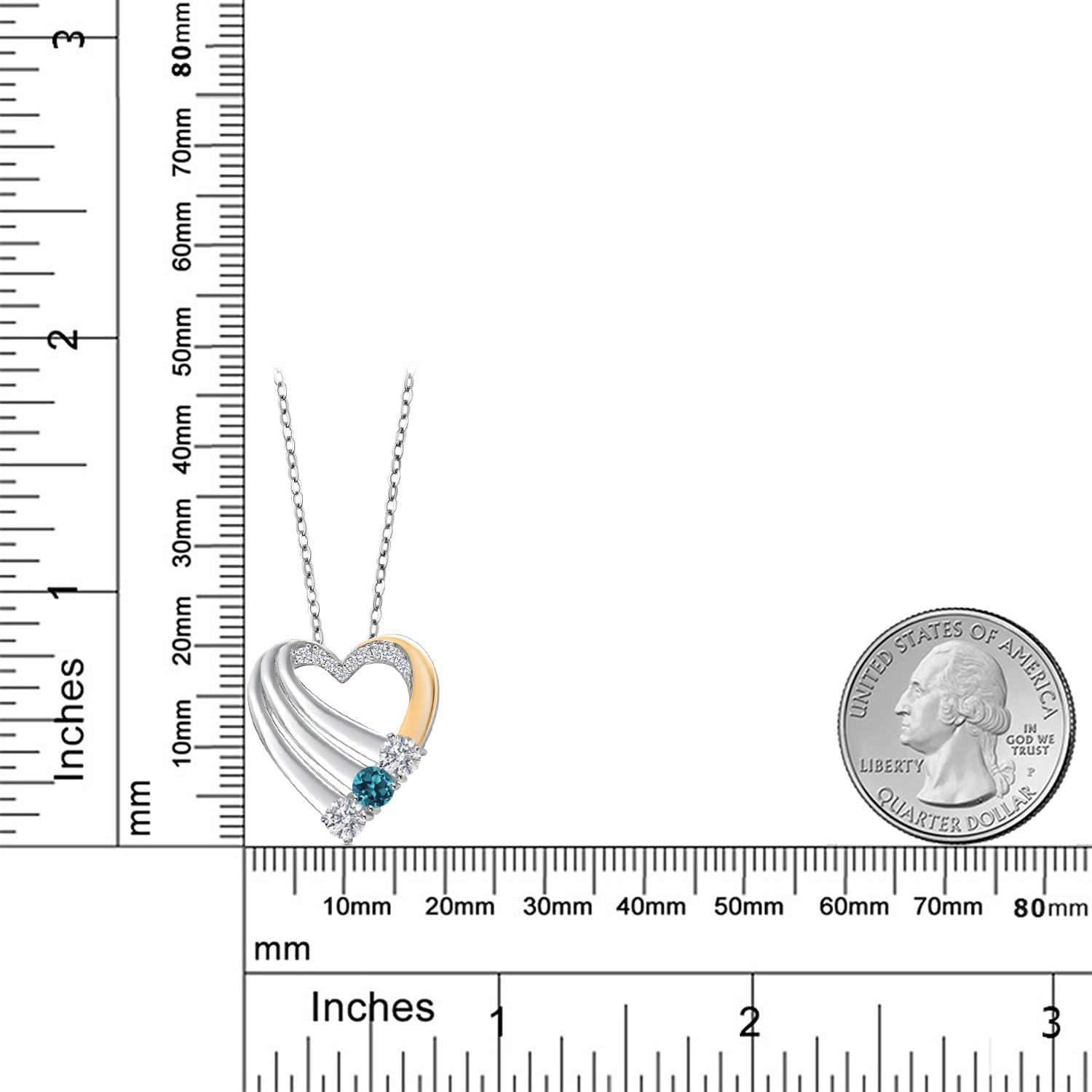 Gem Stone King 925 Silver and 10K Yellow Gold White Lab Grown Diamond and London Blue Topaz Heart Pendant for Women | 0.97 Cttw | Gemstone April Birthstone | With 18 Inch Chain - Image 6