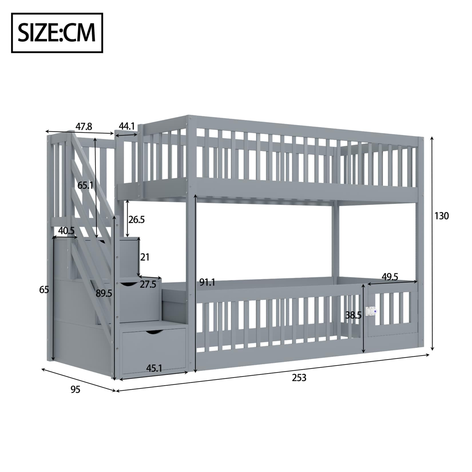 PUGSDRLY Lit Superposé Enfant 90x200cm en Bois avec échelle Rangement,Lit Mezzanine 2 Places avec Sommier à Lattes,Barrière de Sécurité Haute,pour Enfant et Adolescent,sans Matelas (Gris-90)