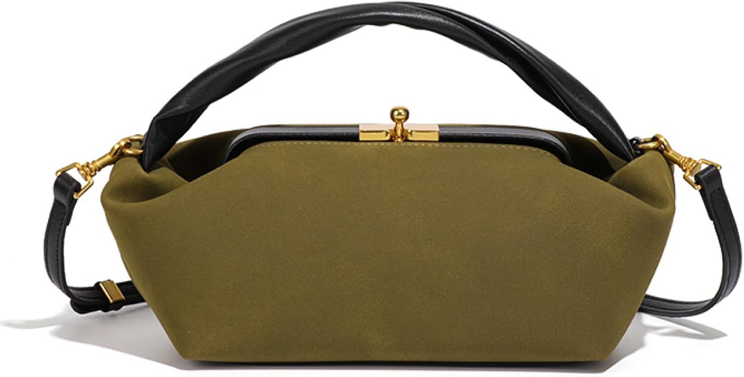 Suede Kiss Lock Shoulder Bag for Women, Vintage Slouchy Hobo Handbag, Soft Faux Suede Satchel with Detachable Strap