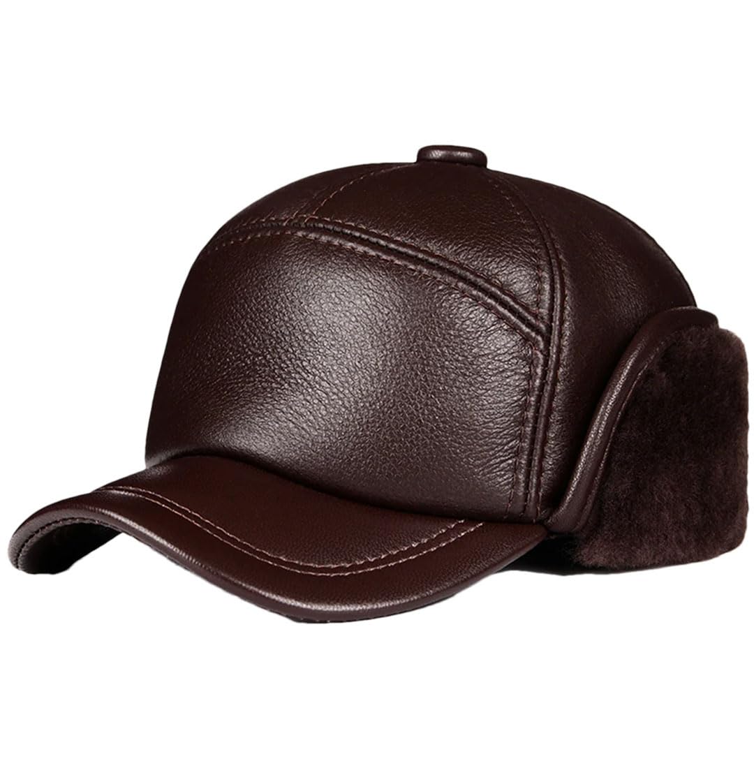 Gorro de invierno para hombre, piel de oveja auténtica, con solapa para las orejas, color negro, cálido y grueso, marrón, 55-56 cm