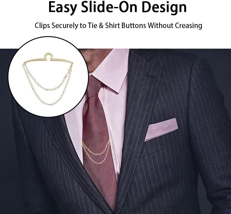 3 Pcs Tie Clips for Men, Tie Chain with Ring Clasps, Gold Silver Black Necktie Holder for Business Wedding