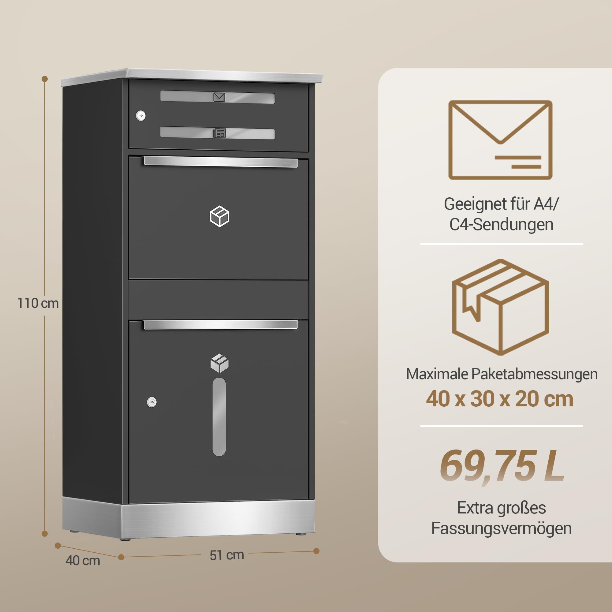 Hzuaneri Paketbox, Paketbriefkasten XXL mit Paketfach, Schwarz | Sichtfenster, Stahl, Abschließbar, Standbriefkasten für Pakete und Briefe, Wetterfester, 2 Schlüssel, MB10199GR
