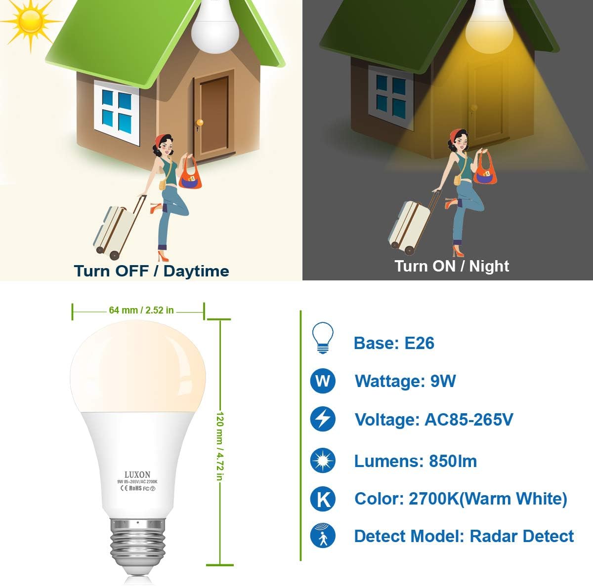 Motion Sensor Light Bulb 9W Smart Bulb Radar Dusk to Dawn LED Motion Sensor Light Bulbs E26 Base Indoor Sensor Night Lights Soft White 2700K Outdoor Motion Sensor Bulb Auto On/Off
