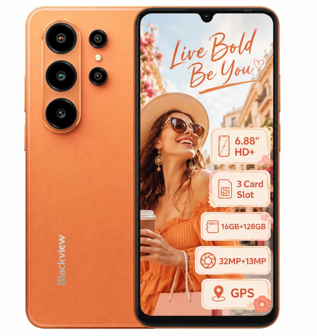 Blackview Wave 10C Smartphone 4G IA Débloqué, 6,88" HD+ Écran, 16Go+128Go(2TB Externe), 3 Assistants IA Intelligents, 32MP+13MP, 3 Emplacement Carte, Android 16 Double SIM Téléphone GPS, Orange