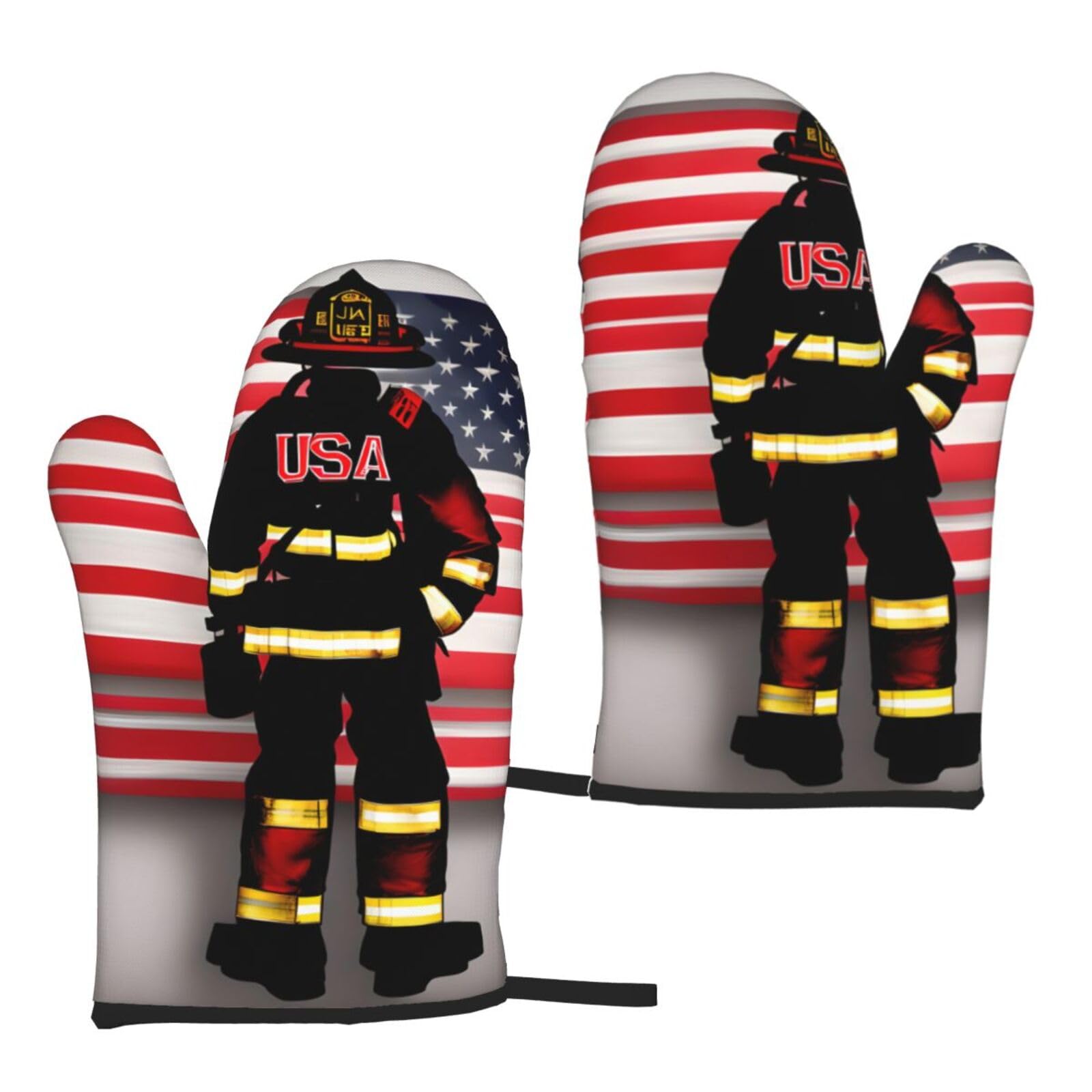 Nimongt Women's Black Red Stripe Firefighter Usa Flag Print Adults Universal Fit Heat Resistant Oven Gloves Reusable Cooking Outdoor Grilling