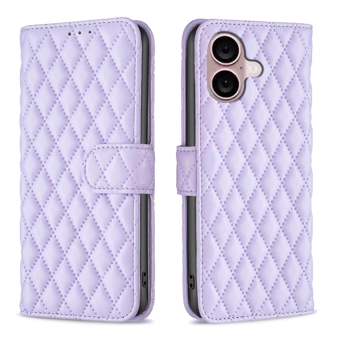 JIUNINE Case for Apple iPhone 16, Leather Wallet Case Flip Cover with Rhombic Patternster [Card Holder] [Magnetic Closure] [TPU Inner Shell] for Apple iPhone 16, Purple