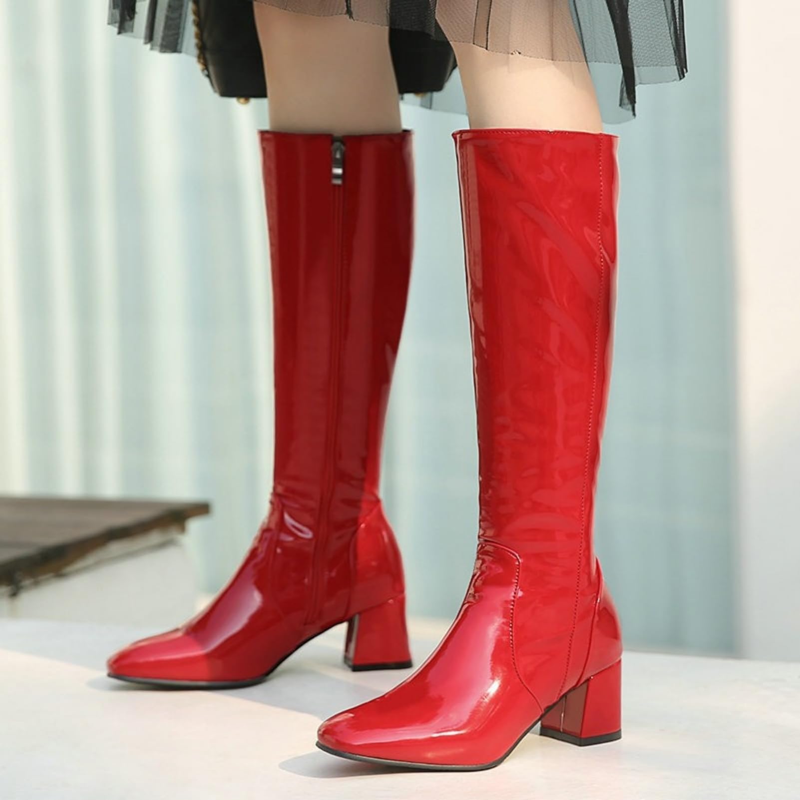 ANUFER Femmes Cuir Verni Haut du Genou Gogo Bottes Talon épais Fermeture éclair Latérale Disco Bottes