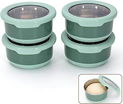 4 Pack Pizza Dough Proofing Box, 420ml Stainless Steel Bread Proofing Box with Transparent Lid, Bread Proofer for Kitchen, Reusable Pizza Making Accessories Fits in Domestic Fridges-Green