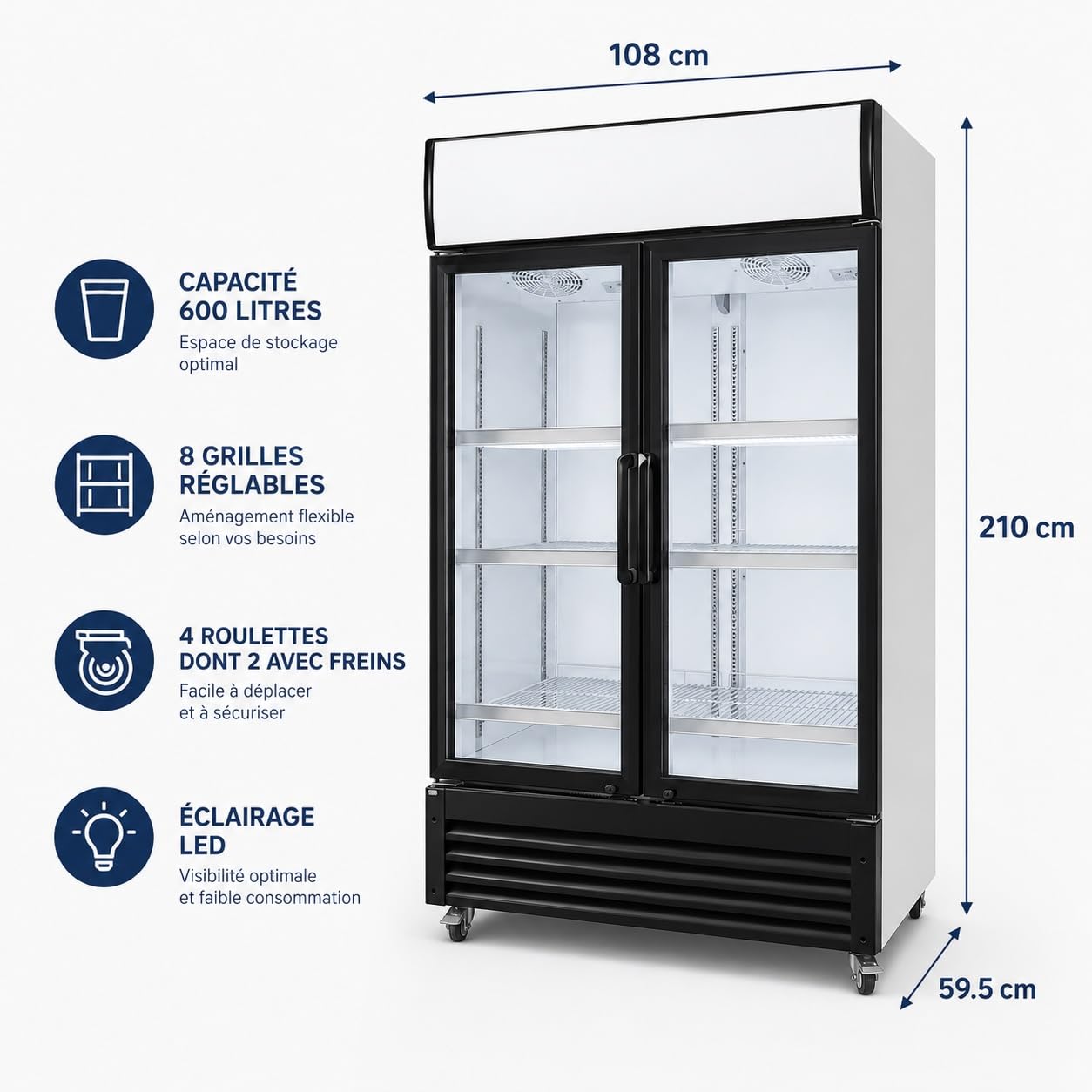 Générique Professional Refrigerated Cabinet 2 Doors Glass 600L Black – Ventilated Cooling – LED Lighting – Digital Thermostat – Beverage Fridge CHR – 1080x595x2100mm