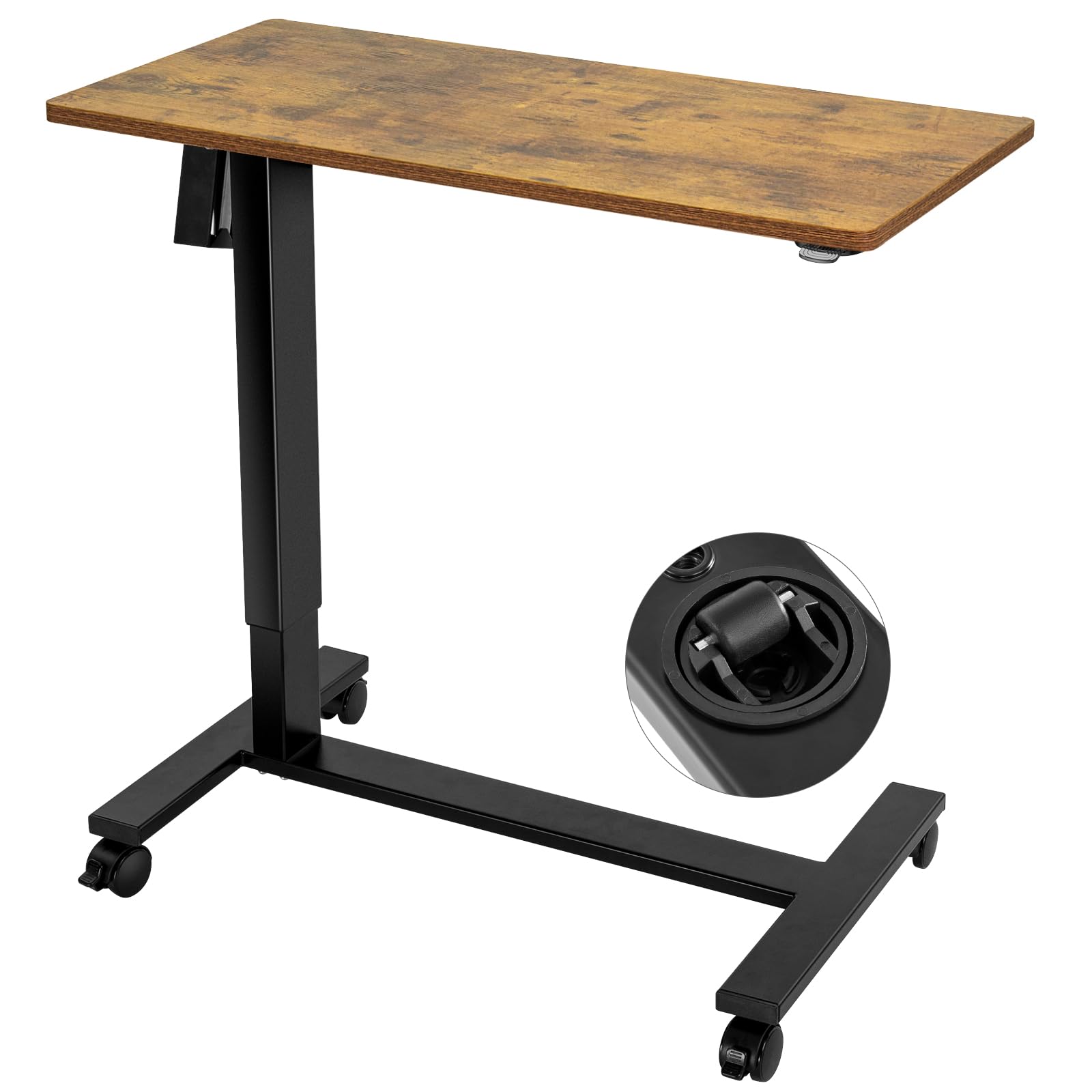 TOPSKY Electric Height Adjustable Overbed Bedside Table with Wheels for Home Office Use (Rustic Brown + Black Frame)
