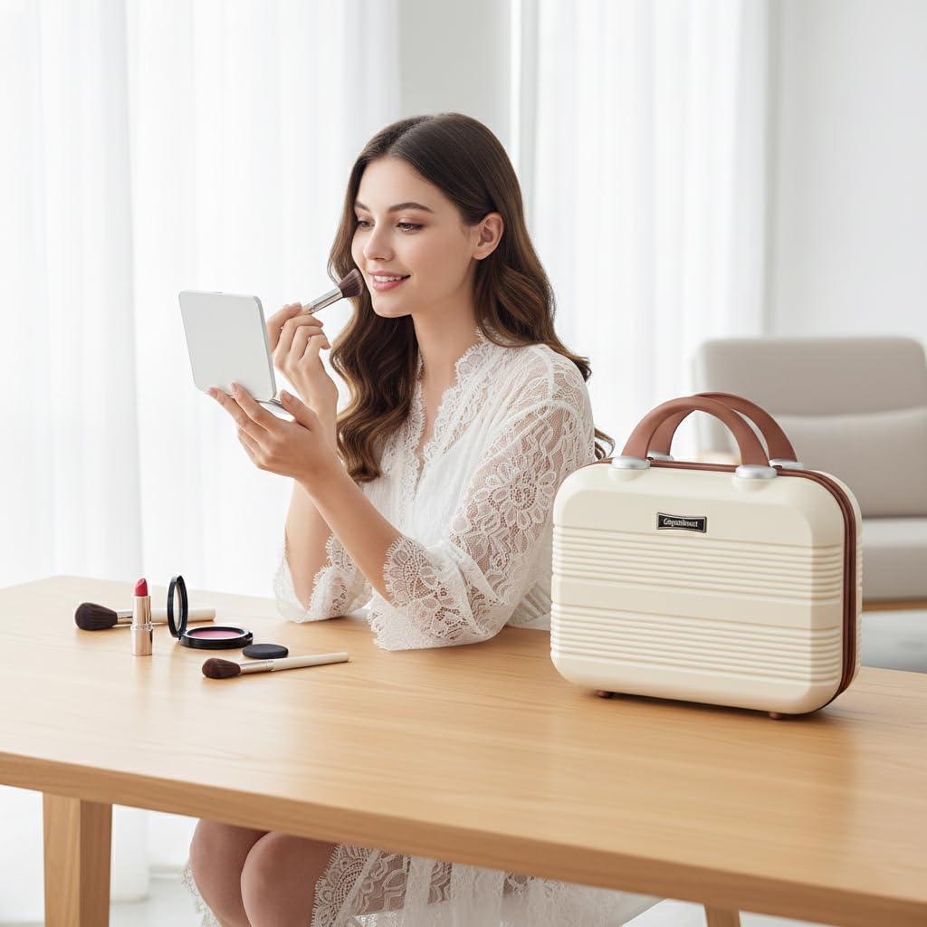 14" Portable Hard Shell Makeup Travel Case - Stylish PC+ABS Cosmetic Organizer for Women - Scratch-Resistant, Elastic Strap, Mini Suitcase - Perfect for Romantic Gifts（Light Brown）