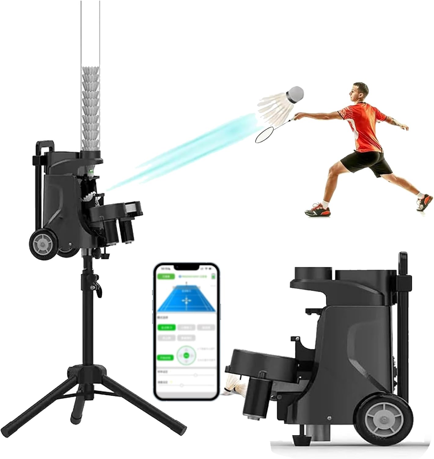 Portable Badminton Launcher, Badminton Practice Machine, with Wheel, Rechargeable Battery (4-6H) + Bracket Adjustable (18-125cm), Serving Height Up 7 M, for Practice