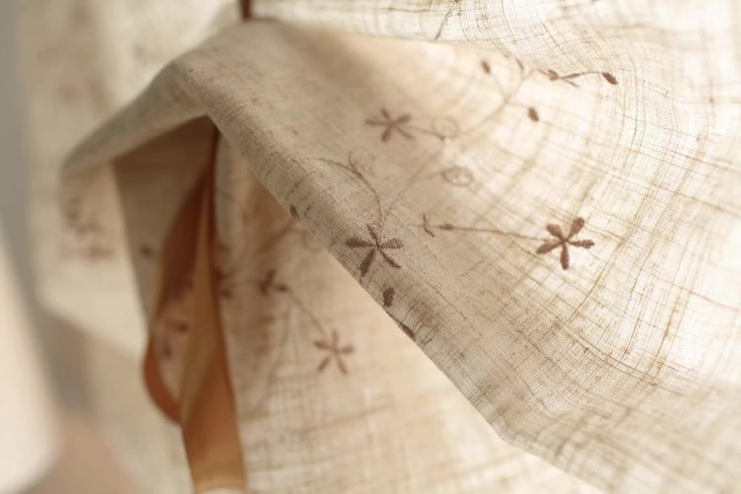 Cotton Linen Semi Transparent Floral Embroidered Fabric Balloon Curtain Window Roman Shades Window Treatment Tie Up Curtain Farmhouse Adjustable Tie Tieup, Rod Pocket/Pinch Pleat, 2 Pieces