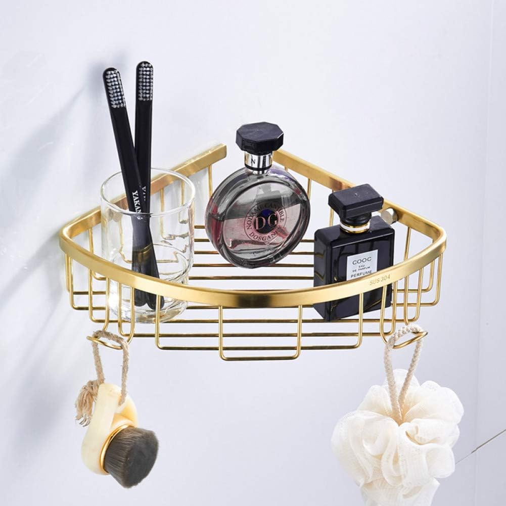 Shelf Bathroom Shelf Stainless Steel Golden Shampoo Shelf Cosmetic Shelves Wall Mounted Corner Basket Rack with Hooks Storage