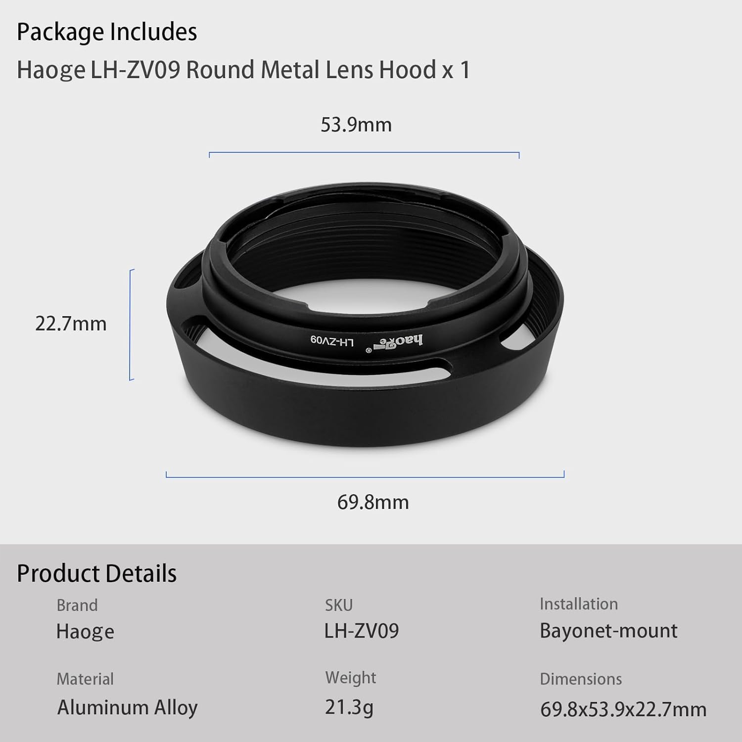 Haoge LH-ZV09 Round Metal Lens Hood Compatible with Carl Zeiss C Biogon T* 4.5/21 21mm f4.5 ZM, C Sonnar T* 1.5/50 50mm f1.5 ZM Lens
