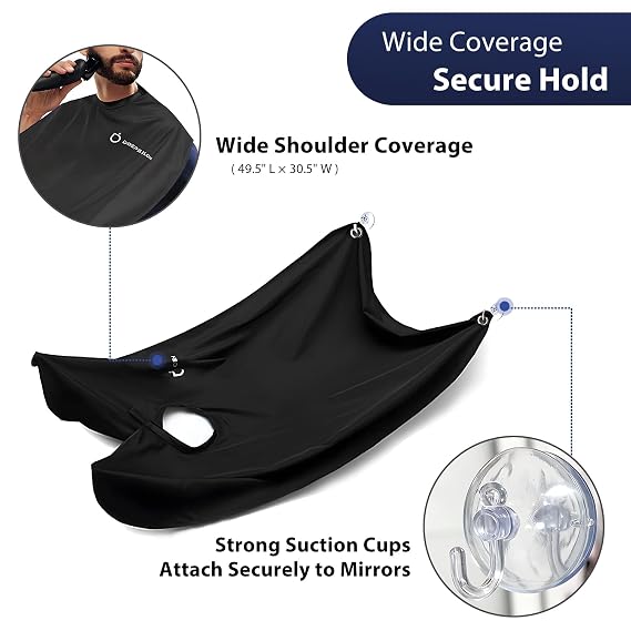Beard Bib Apron, Beard Hair Catcher for Sink with Reinforced Suction Cups, Non-Stick Beard Trimming Catcher, Gifts for Men, Anniversary Birthday Gifts for Him, Beard Accessories for Men, Black