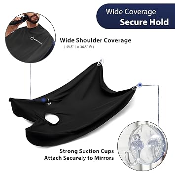 Beard Bib Apron, Beard Hair Catcher for Sink with Reinforced Suction Cups, Non-Stick Beard Trimming Catcher, Gifts for Men, Anniversary Birthday Gifts for Him, Beard Accessories for Men, Black