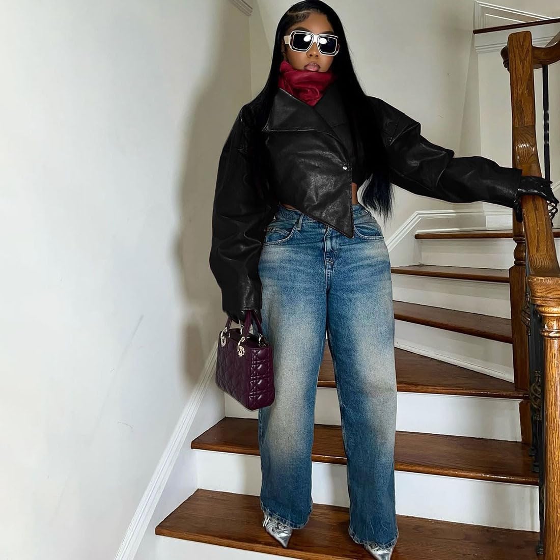 Molilove Crop Leather Jacket Women Faux Leather Long Sleeve Lapel Neck Button Down PU Coats Fall Going Out Jackets - Image 5