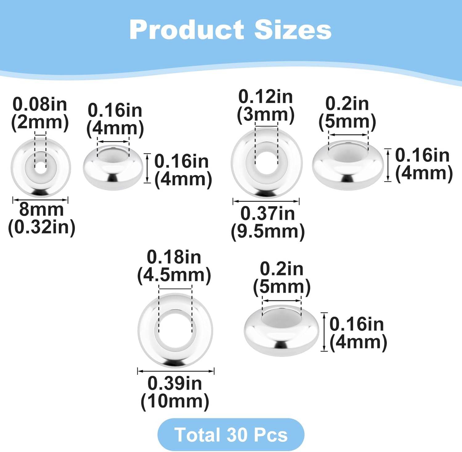 30pcs 8/9.5/10mm Stopper Beads, Metal Silicone Rondelle Spacer Beads with Rubber Inside, Silver Adjustable Loose Bead Charm Wedding Accessories for DIY European Bracelet Necklace Jewelry Making - Image 2