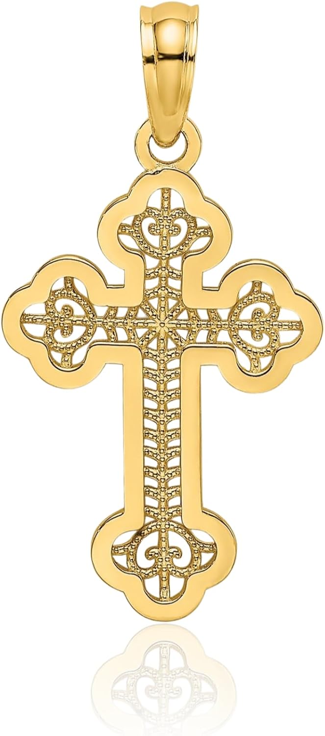 IceCarats 14K Solid Yellow Gold Filigree Medium Lace Budded Cross Pendant Necklace 23.1mm 7/8 inch Polished For Her