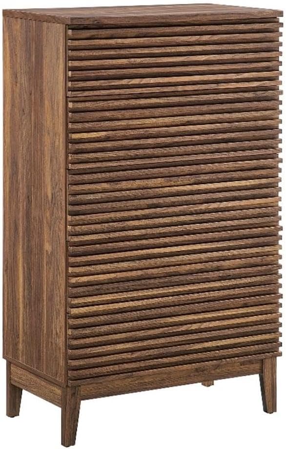 Pemberly Row Contemporary Slatted 5-Drawer Chest, Walnut Finish, Wood Grain Laminate, Fluted Front Design, Full-Extension Drawers, Versatile Storage for Bedroom, Living Room, or Hallway Organizer