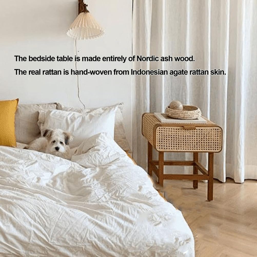 Comodino in rattan, tavolino da metà secolo con contenitore, tavolino in canna intrecciata per camera da letto, soggiorno, balcone, divano laterale, mobili in legno