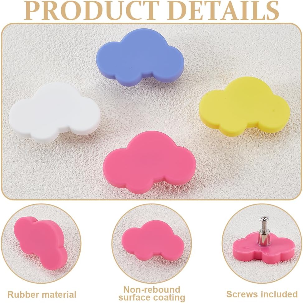 NBEADS 16 Pcs 4 Cartoon Shape Knobs, Cloud Shape Synthetic Rubber Handles Drawer Pulls Doorknob Accessories with Screw for Cabinets Drawers Doors Wardrobe Closets Dresser