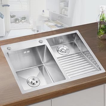 Laundry Tub Balcony Household Stainless Steel, Wash Basin with Washboard Easy to Clean Double Sink Laundry Pool Color Left, Size 80x48cm