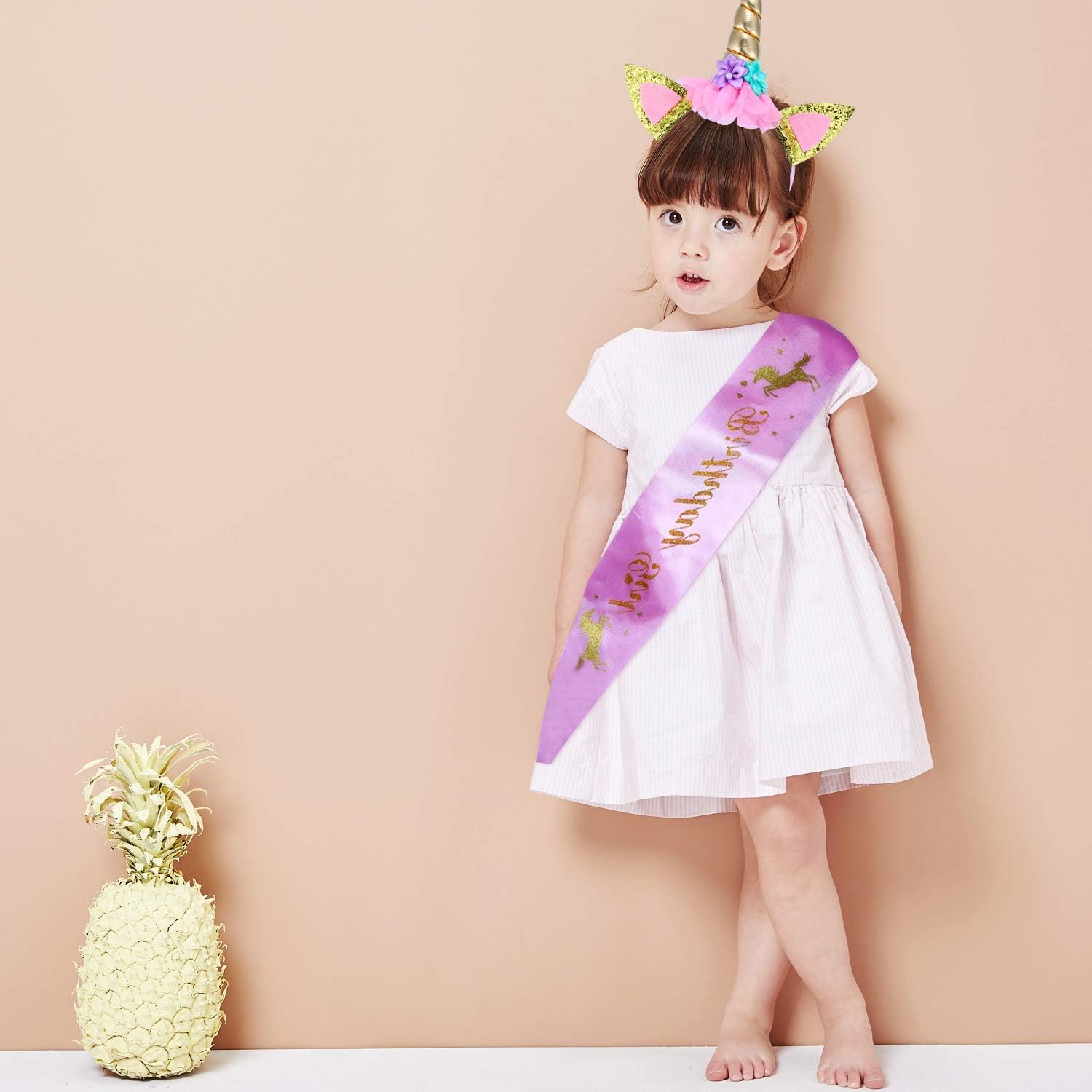 Deolven Unicorn Headband and Birthday Girl Sash for Kids Birthday Party Supplies Unicorn Gifts for Children Unicorn Horn Unicorn Glitter Hairband Gold Pink - Image 4