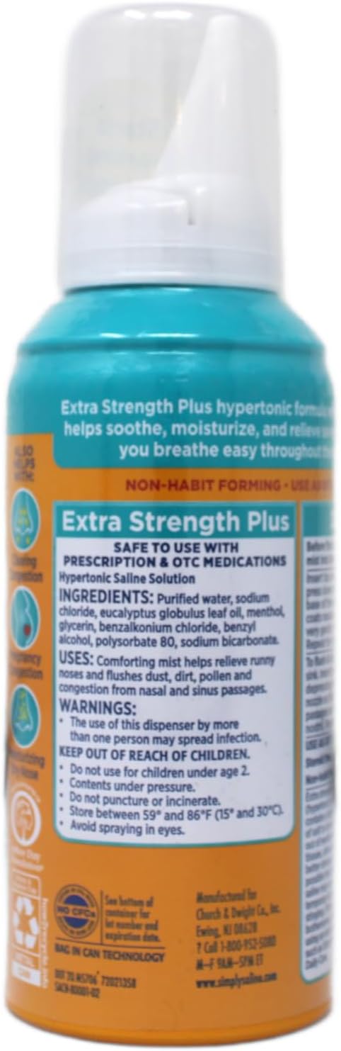 Arm & Hammer Simply Saline Extra Strength Plus Eucalyptus Nasal Mist for Severe Congestion, Drug-Free Saline Spray, 4.6 oz Pack of 6
