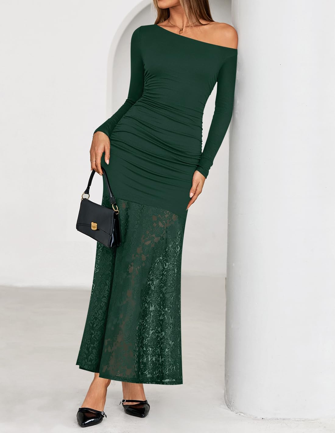 ZESICA Women's Long Sleeve Off Shoulder Bodycon Dresses Fall 2026 Ruched Lace Wedding Guest Cocktail Formal Maxi Dress - Image 3