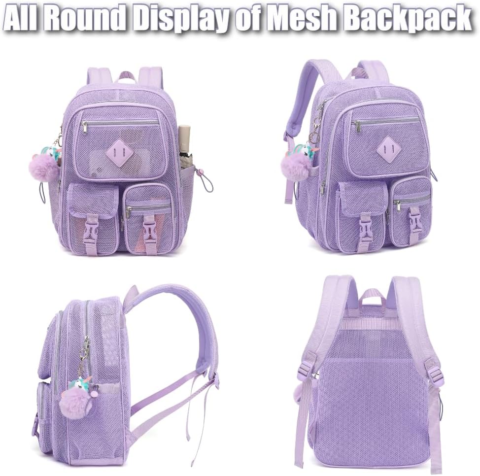 Mesh Backpack for Girls Boys, Heavy Duty Semi-Transparent Mesh Bookbag Womens Mens Mesh Backpacks for School, Sports, Beach, Swimming, Travel Purple - Image 7