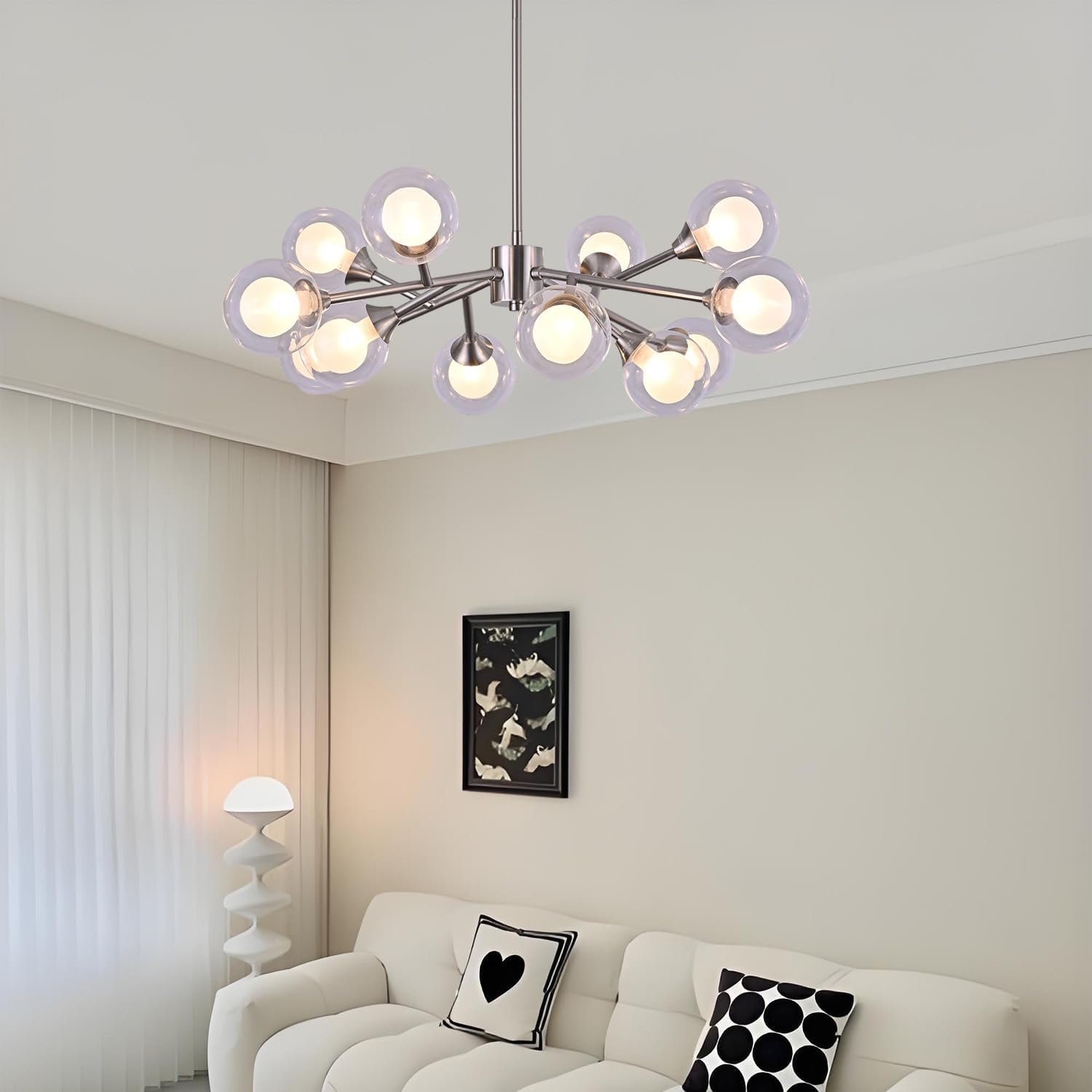 Modern Brushed Nickel Branches Sputnik Chandelier 12 Lights Bubble Glass Ball Light Fixtures Ceiling Mid Century Pendant Light for Dining Living Room Bedroom