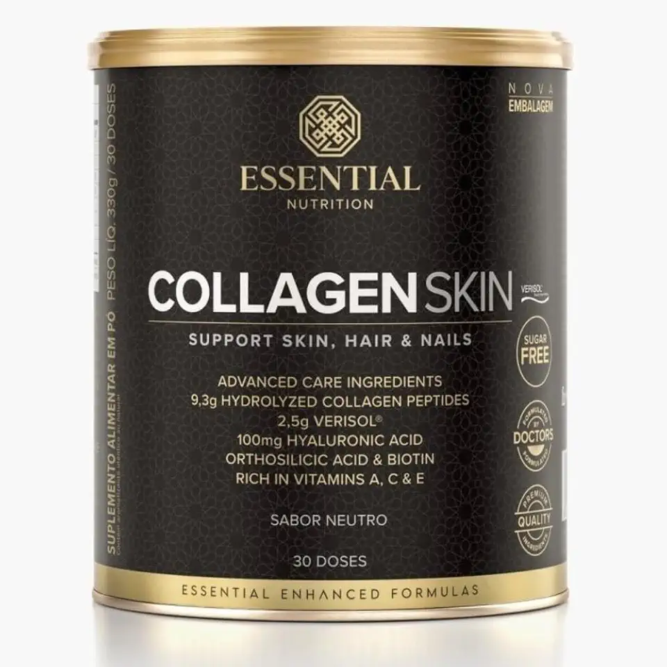 Essential Nutrition Collagen Skin, Suplemento de Colágeno Hidrolisado com Verisol, Ácido Hialurônico, Biotina, Vitaminas A, C e E, Sabor Neutro, 30 Doses