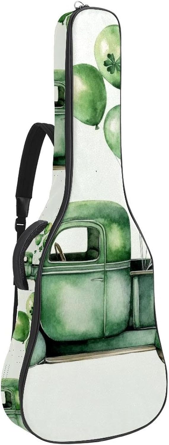 St. Patrick's Day Green Car Truck with Balloons and Clover Acoustic Guitar Gig Bag, 1 cm Thick Padding Waterproof Guitar Bag Backpack for 40 41 42 Inch Electric Bass Classical Guitars