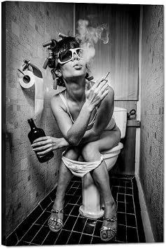 Yatsen Bridge Modern Sexy Woman Wall Art Black and White Fashion Girl Smoking Sitting in A Toilet with An Alcohol Bottle Painting Canvas Posters Ready to Hang for Bathroom Bedroom Decor 12W x 16H