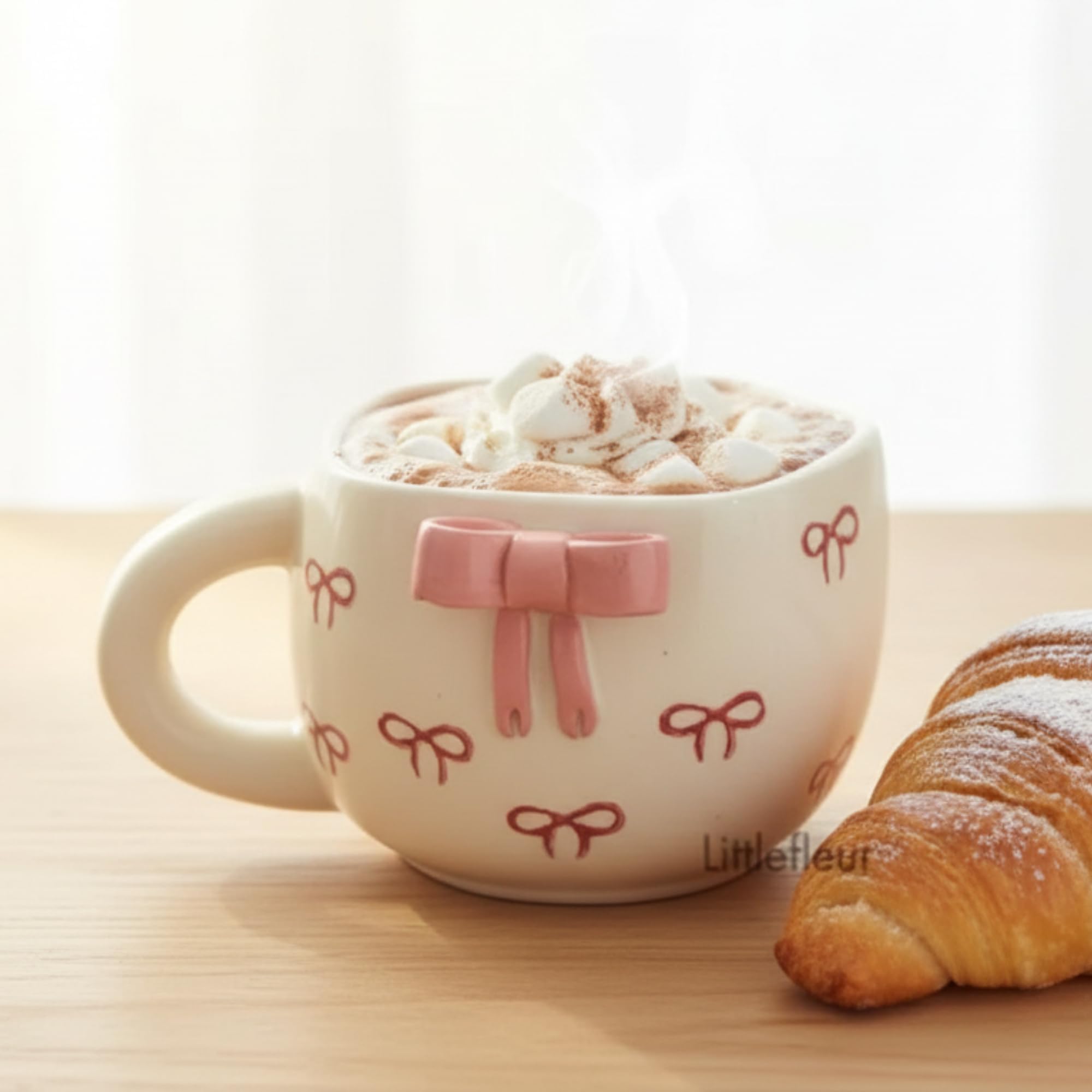 Ribbon Ceramic Coffee Mug Aesthetic Hot Drink Cup for Tea, Milk Stylish Cup with Handle for Home, Office Pink Bow Ribbon Mug, Coffee Lover, Birthday (Pookie Pimk Handle Diamond top)