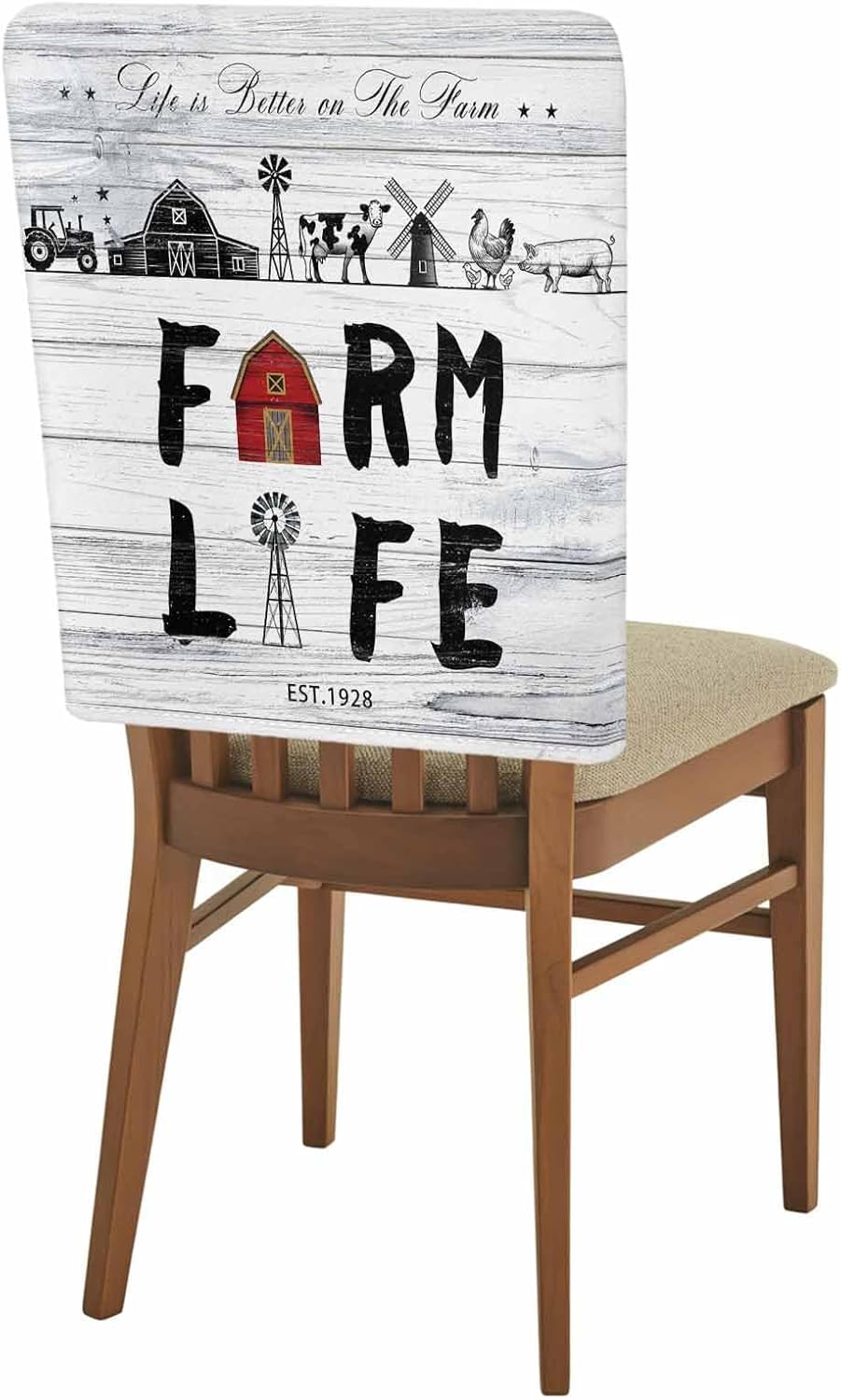 Chair Back Covers Set of 6, Farmhouse Life Washable Removable Chair Covers for Dining Room, Barn Animals Grey Vintage Wooden Decorative Dining Chair Slipcover for Kitchen, Home, Hotel, 20x19 Inch