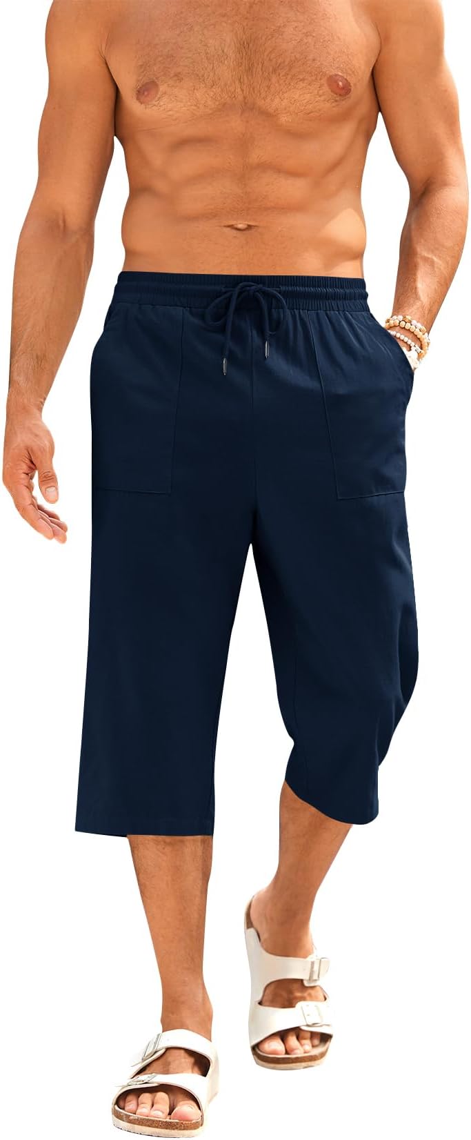 Men's Cotton Linen Bermuda Shorts 3/4 Length Summer Trousers Yoga Jogger Casual Sweatpants Sports Shorts Leisure Trousers Sweat Shorts Men's Trousers with Pockets
