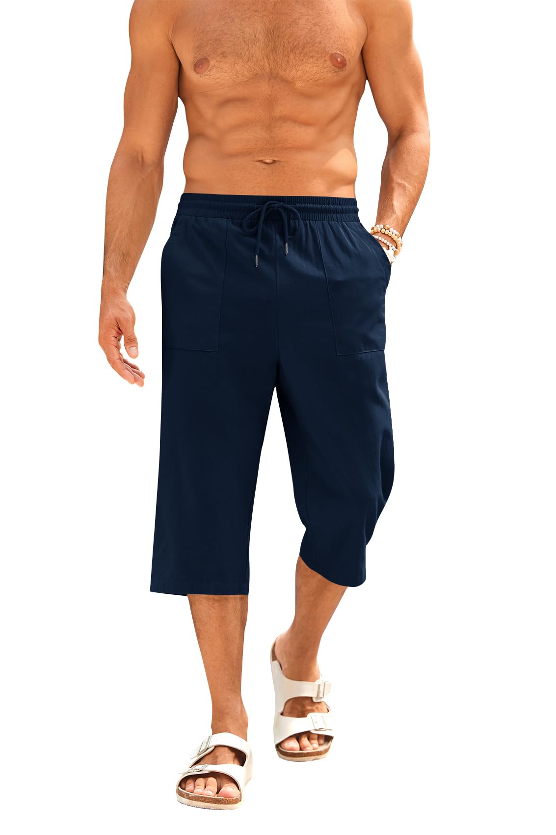 Runcati Kurze Hosen Herren Baumwolle Leinen Bermuda 3/4 Länge Sommerhose Yoga Jogger Casual Sweatpants Sportshorts Freizeithose Sweatshorts Herrenhose mit Taschen