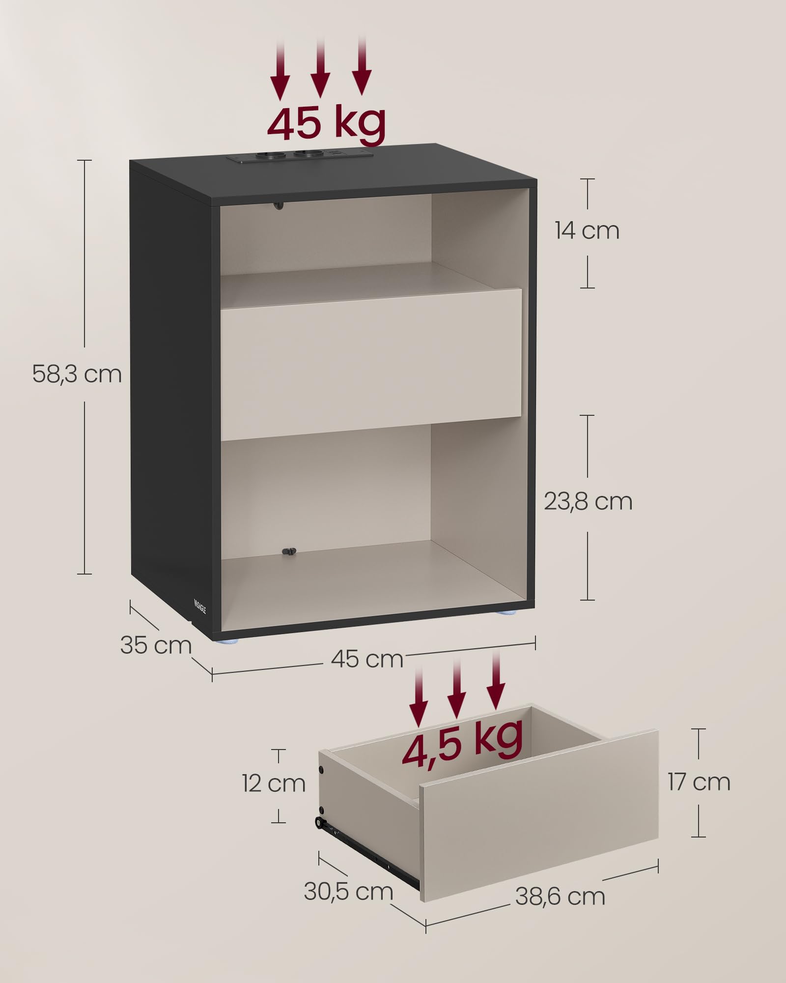 VASAGLE Nachttisch Snapsemble, mit Ladefunktion, mit 1 Schublade | Beistelltisch, Nachtschrank, superschnelle Montage, Schlafzimmer, tintenschwarz-cappuccinobeige, KADIN Kollektion LET777B04